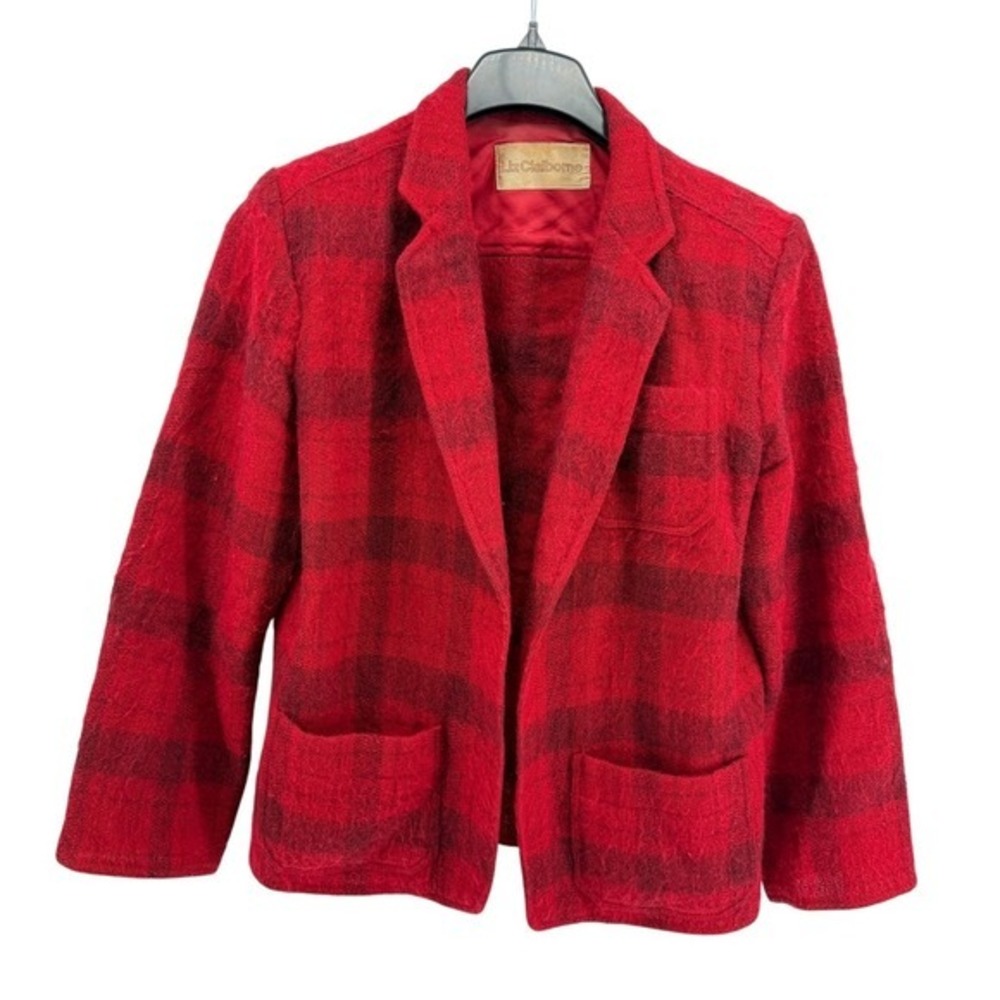 Vtg. Liz Claiborne Womens 14 Pre-Owned Red Plaid Blazer Jacket Wool Mohair Blend